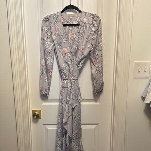 Gianni Bini Light Gray Floral Wrap Dress with Pink Accents